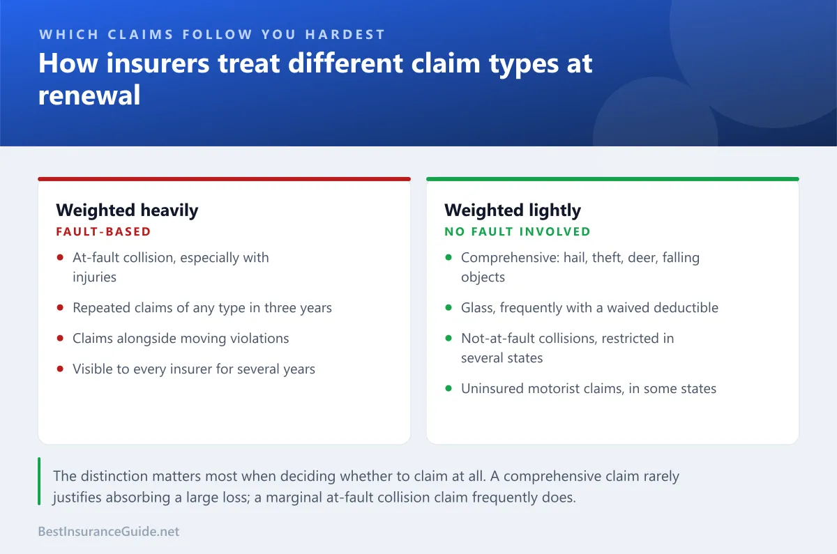 Comparison panel showing how different car insurance claim types are treated at renewal, from at-fault collision through to glass and comprehensive