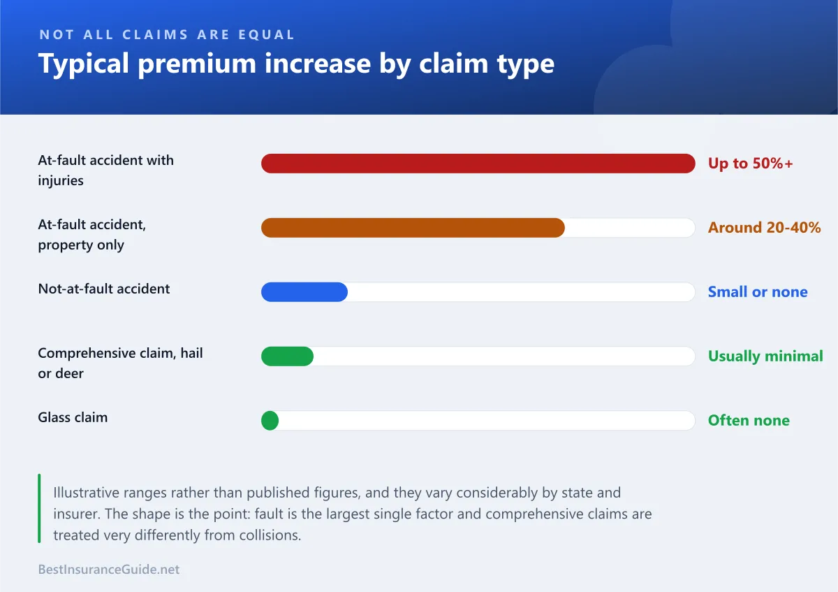 Bar chart showing the typical premium increase after different types of car insurance claim, from comprehensive through to a serious at-fault accident