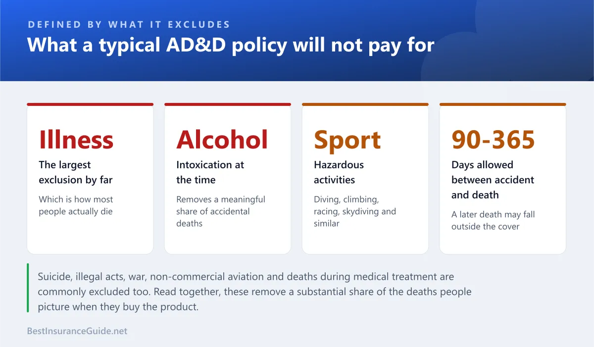 Statistics panel showing the main exclusions on a typical AD&D policy and why the product is inexpensive