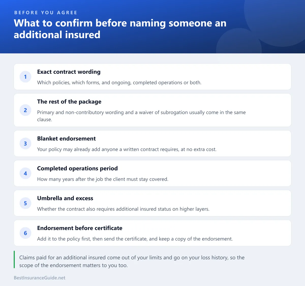 Checklist of what to confirm before agreeing to name a client or landlord as an additional insured