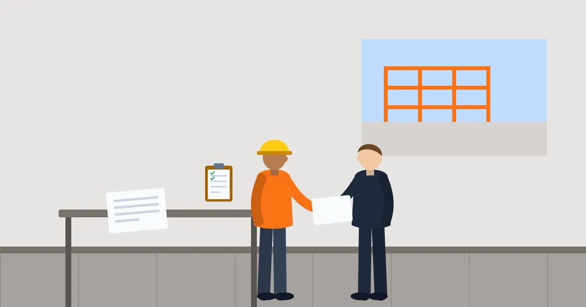 Illustration of a contractor handing paperwork to a building manager in a construction site office trailer