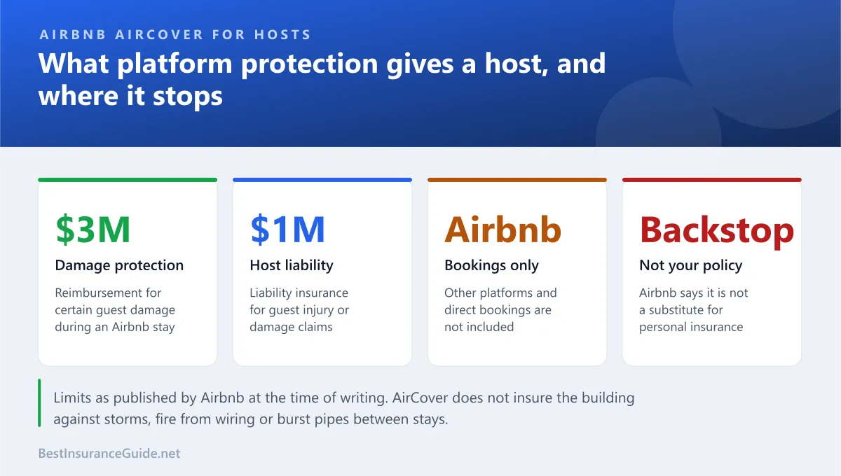 Statistics panel summarizing what Airbnb AirCover for Hosts includes and where it stops