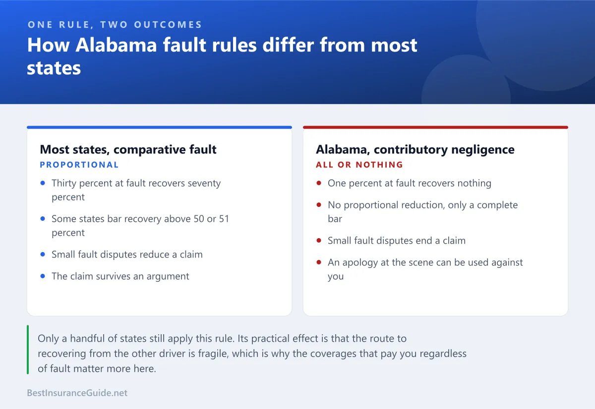 Comparison panel showing how Alabama contributory negligence differs from comparative fault systems used in most other states