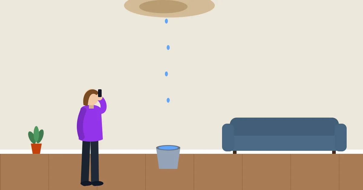 Illustration of a bucket catching drips from a water-stained ceiling in a family living room