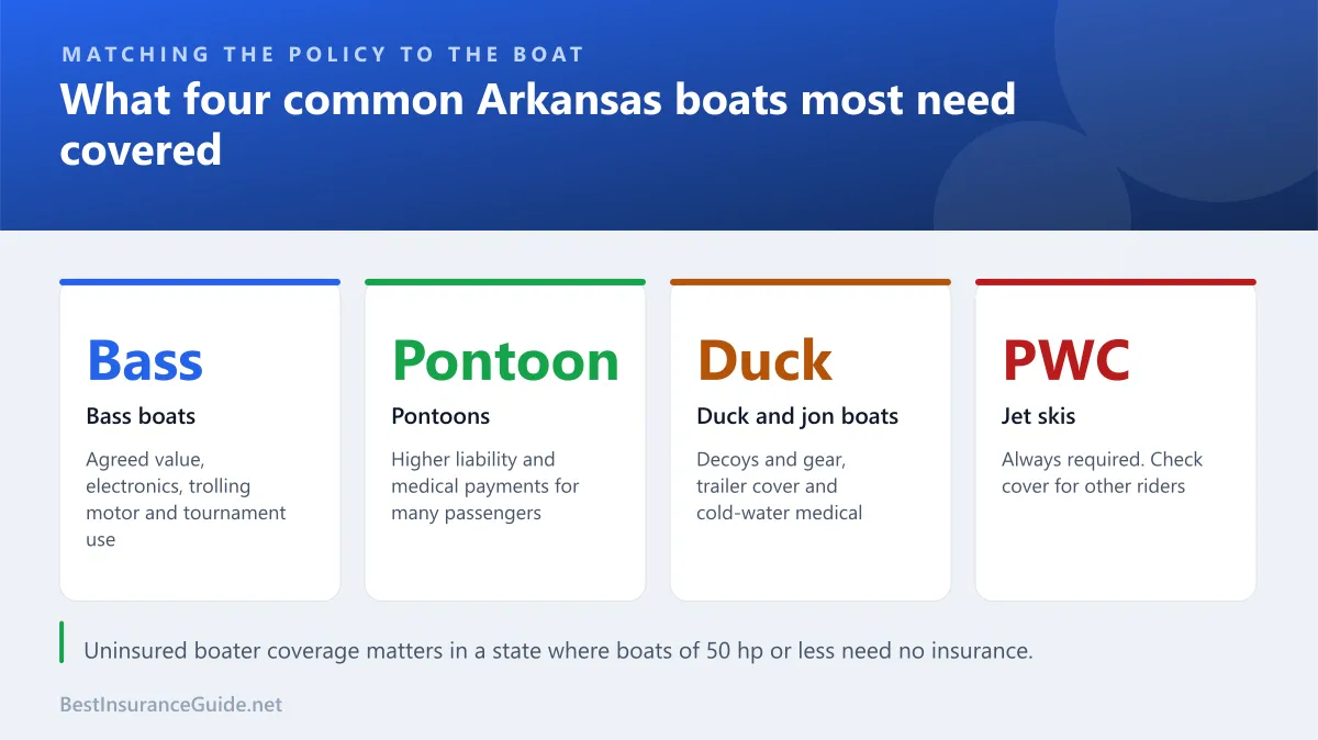 Panel of four common Arkansas boat types and the coverage each one most needs