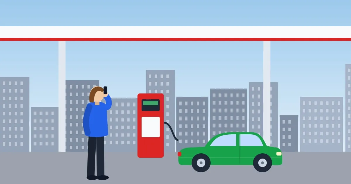 Illustration of a driver checking their phone beside their car at a gas station