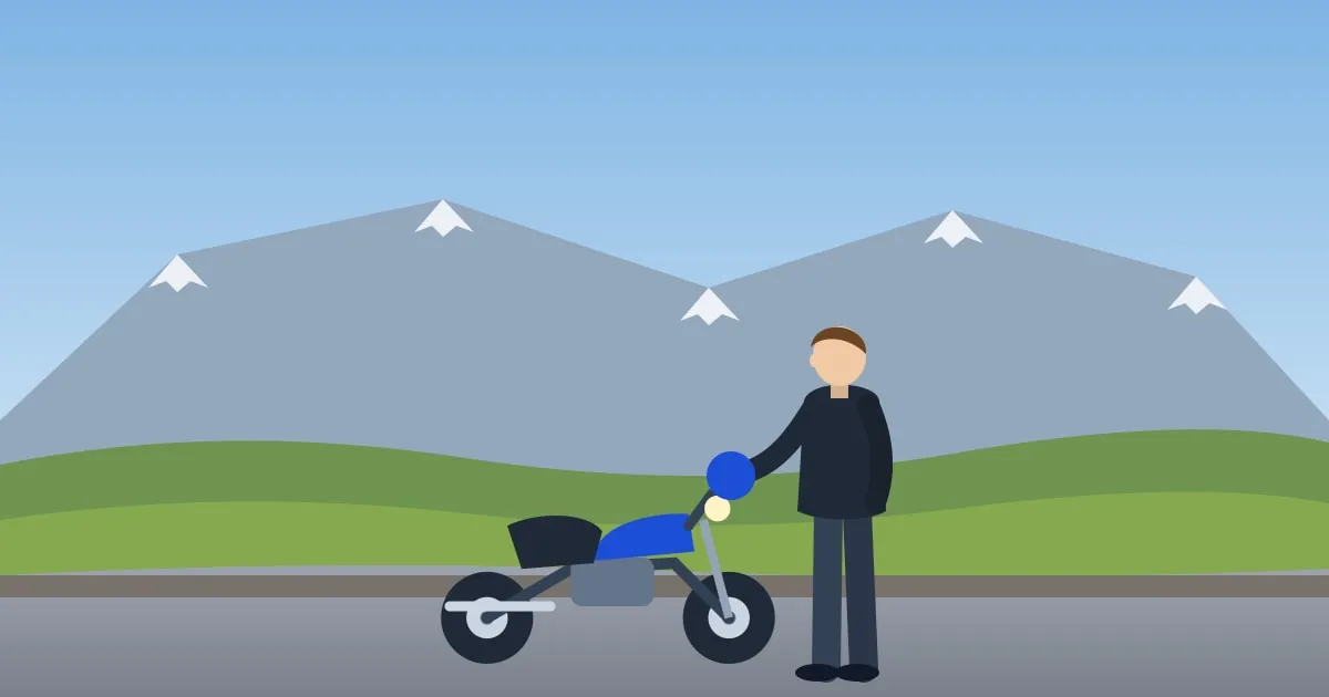 Illustration of a motorcycle rider stopped at a scenic overlook above a green valley