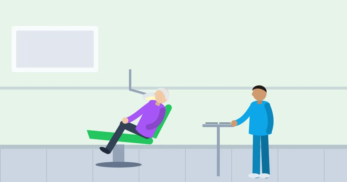 Illustration of a senior woman in a dental chair talking with her dentist in a bright clinic
