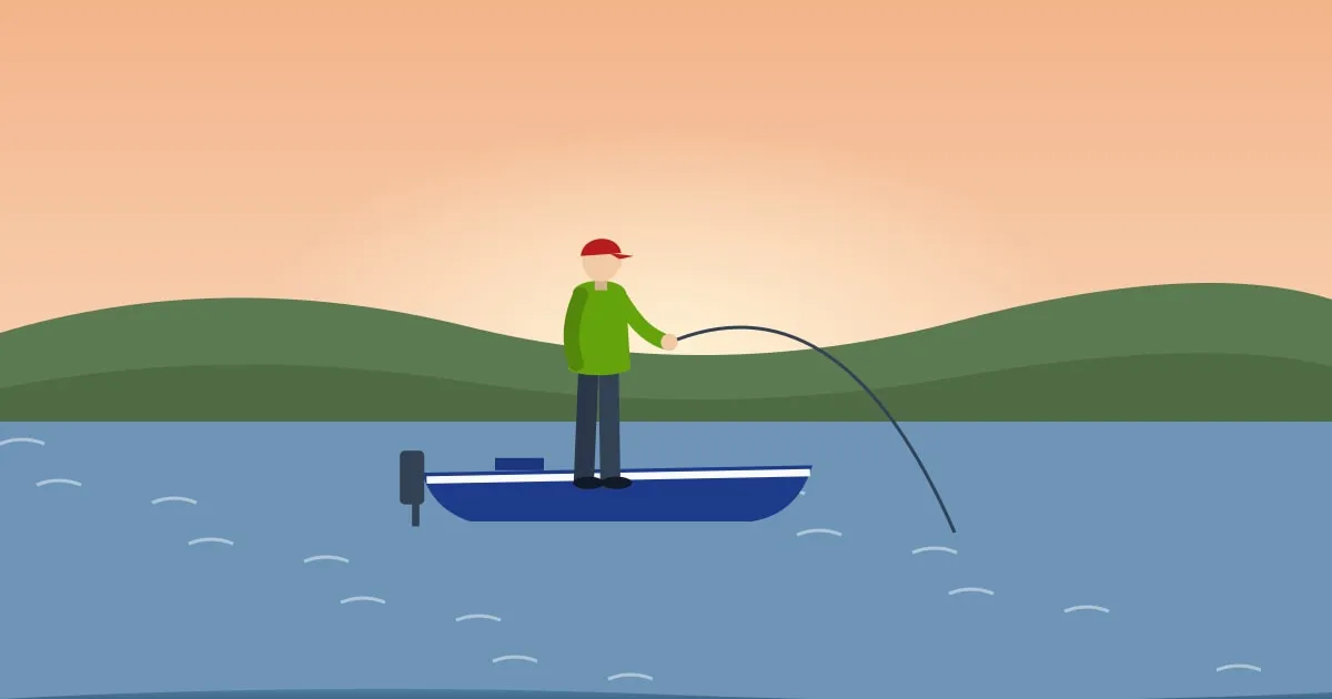 Illustration of a bass fishing boat on a calm lake surrounded by forested hills at dawn