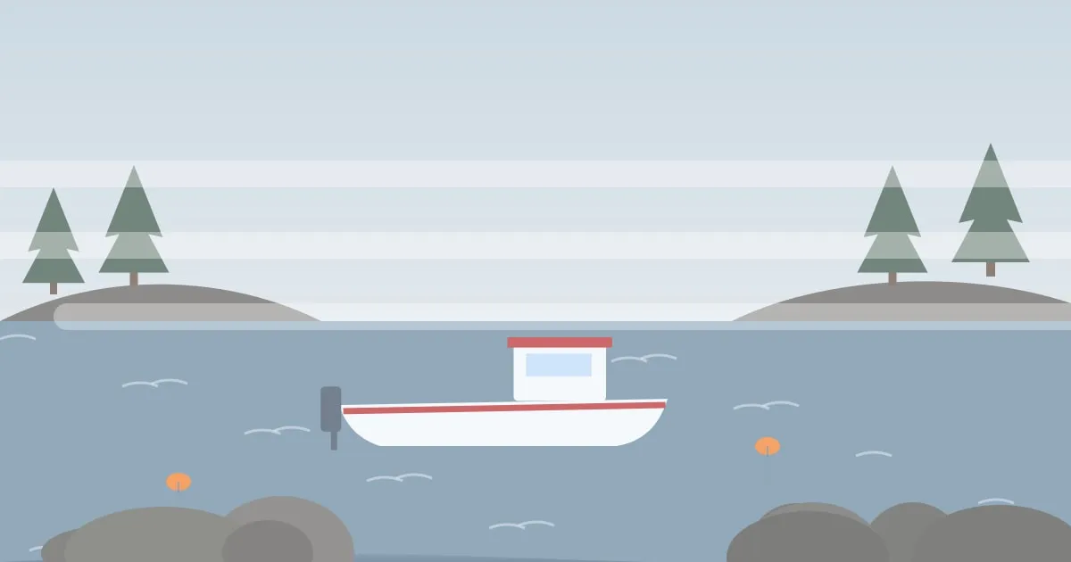 Illustration of a lobster boat on its mooring in a rocky Maine harbor with pine trees and morning fog