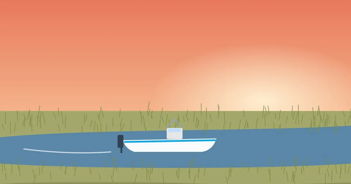 Illustration of a center-console boat cruising through a coastal salt marsh channel at sunset