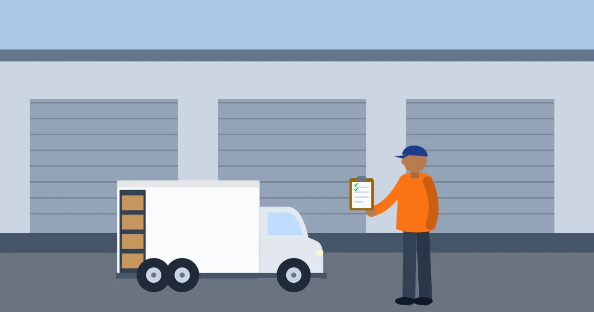 Illustration of a delivery driver checking paperwork beside a box truck at a loading dock