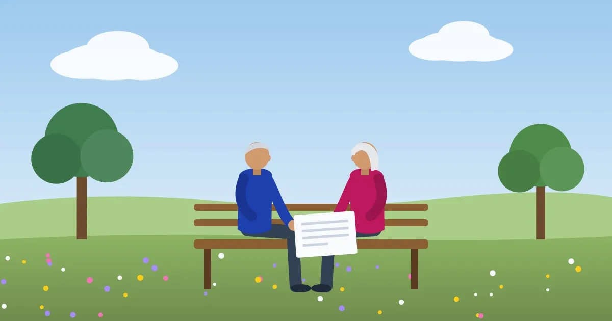 Illustration of an older couple sitting on a garden bench in the sunshine, reading a small insurance policy together