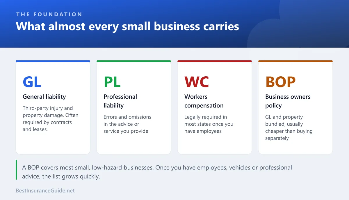 Panel showing the core policies most small businesses carry: general liability, professional liability, workers compensation, and the business owners policy bundle