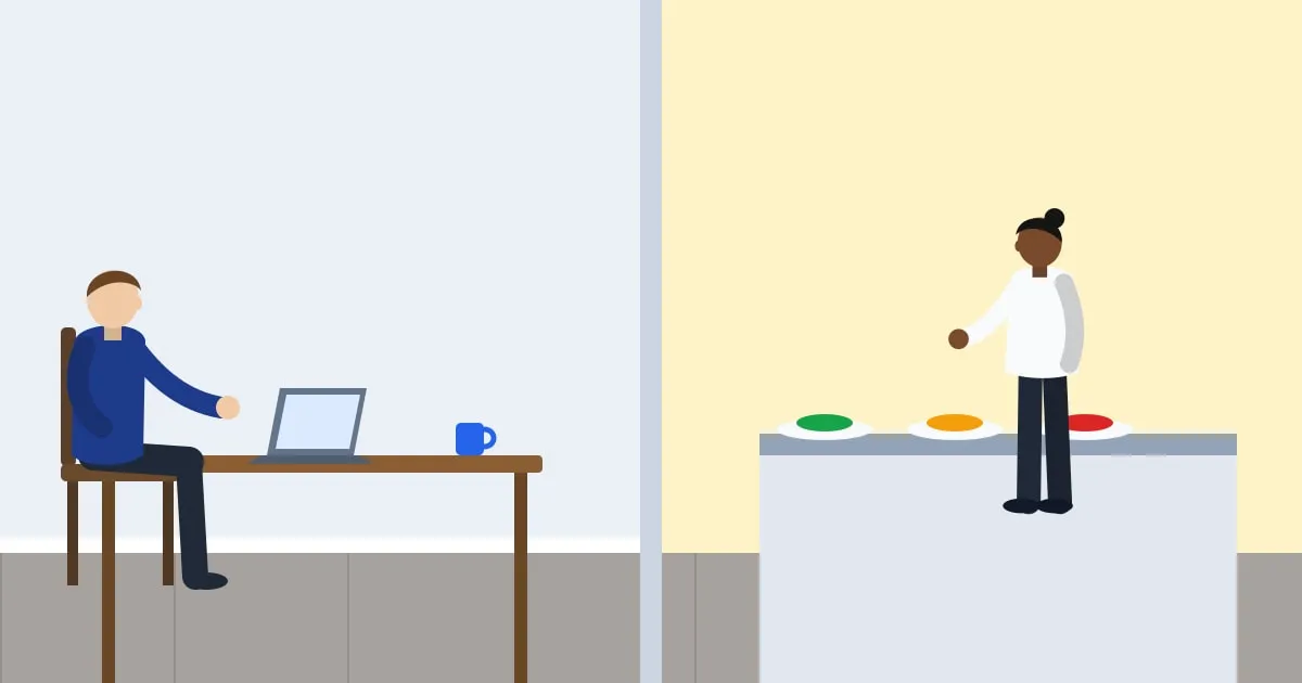 Illustration of a consultant at a laptop and a caterer plating food, two small businesses side by side