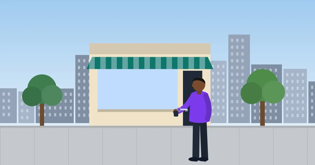 Illustration of a business owner unlocking the door of a storefront on a tree-lined street in a growing Southern city