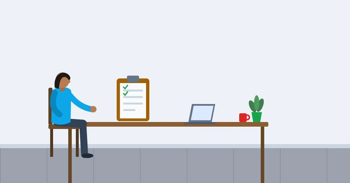 Illustration of a business owner ticking items off a checklist at a desk with a laptop and coffee
