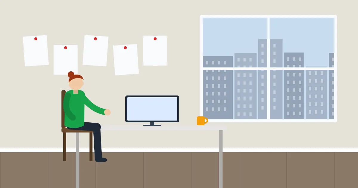 Illustration of a freelance designer working alone at a desk in a bright loft studio with sketches pinned to the wall