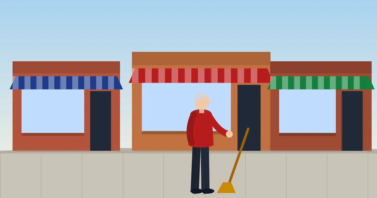 Illustration of an owner sweeping the front step of a small-town hardware store on a Southern main street