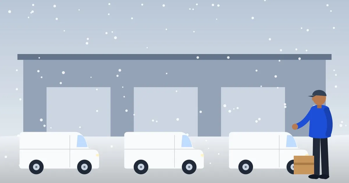 Illustration of a technician loading a white work van outside a small industrial building on a snowy morning