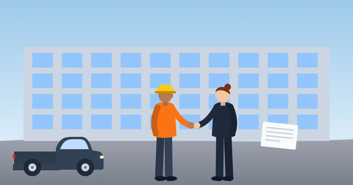 Illustration of a contractor and a property manager shaking hands over signed paperwork beside a pickup truck at an office park