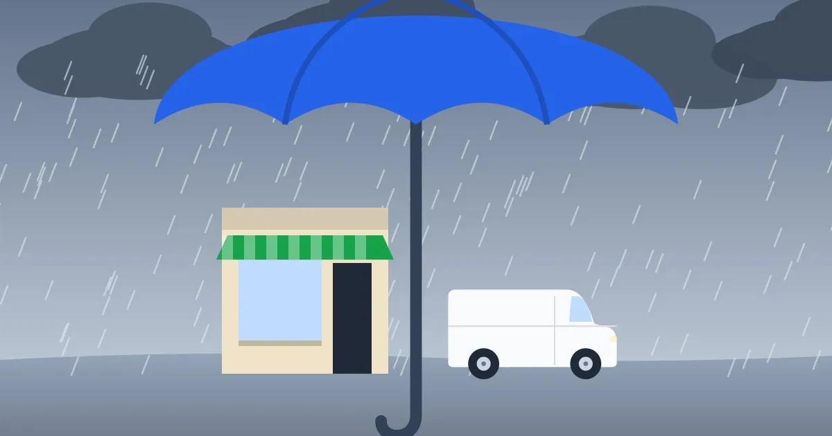 Illustration of a large umbrella sheltering a small shop and a delivery van from the rain