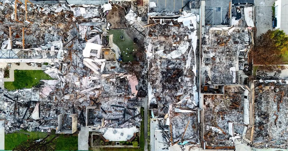 Aerial view of homes destroyed by the 2025 Palisades Fire in Los Angeles