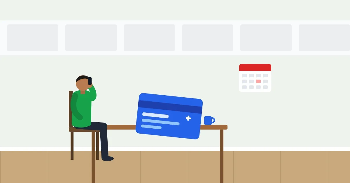 Illustration of a man on the phone at his kitchen table holding his health insurance card, a calendar on the wall