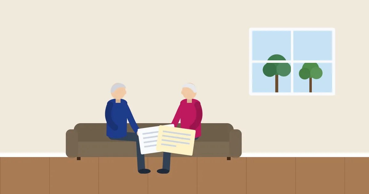 Illustration of a recently retired couple in their sixties reviewing paperwork together on the sofa