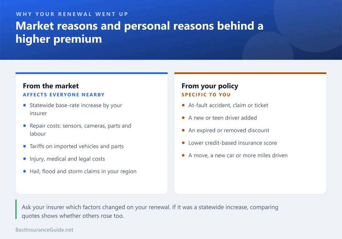 Comparison of market-wide reasons and personal reasons a car insurance renewal can go up