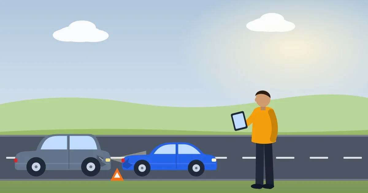 Illustration of a driver photographing rear-end damage at the roadside after another car hit them