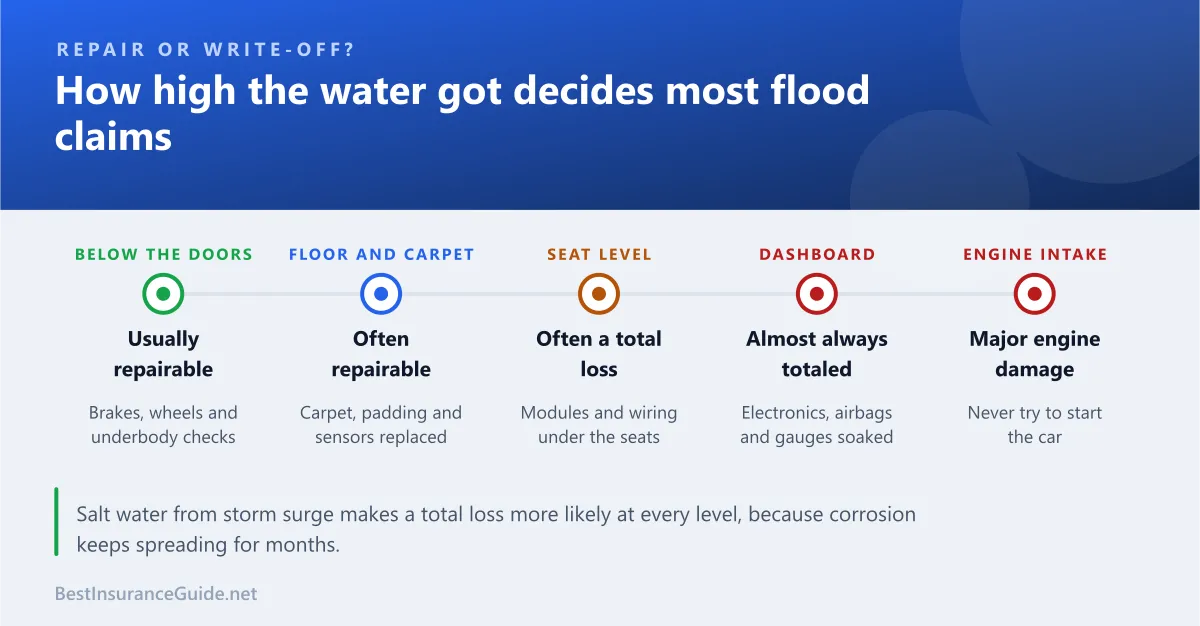 Chart showing how the depth of floodwater affects whether a car is repairable or a total loss