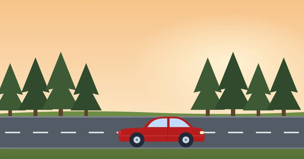 Illustration of a sedan on a two-lane country road through Southern pine forest in late-afternoon light