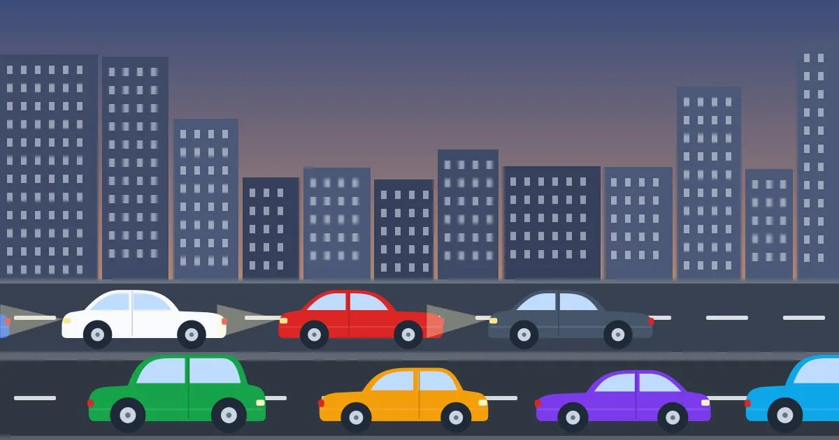 Illustration of rush-hour interstate traffic at dusk below a city skyline