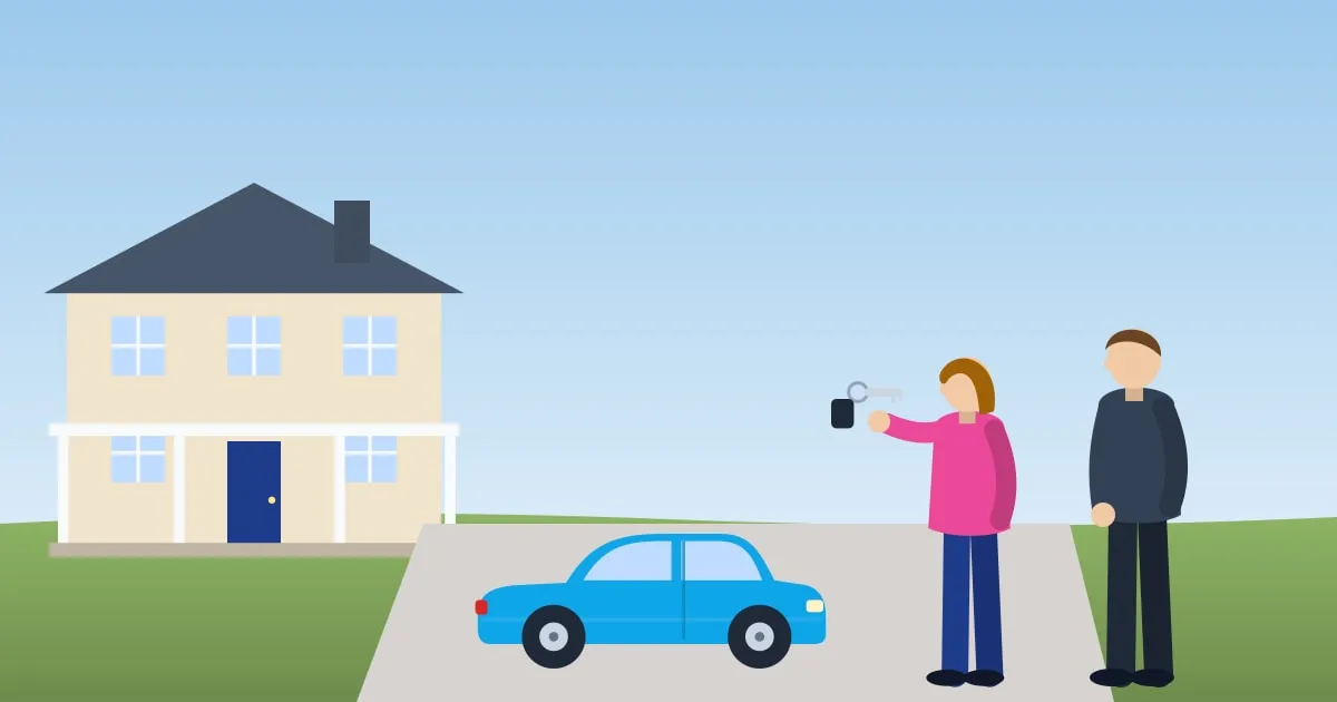 Illustration of a teenage driver proudly holding up her new car keys beside the family car while her parent smiles