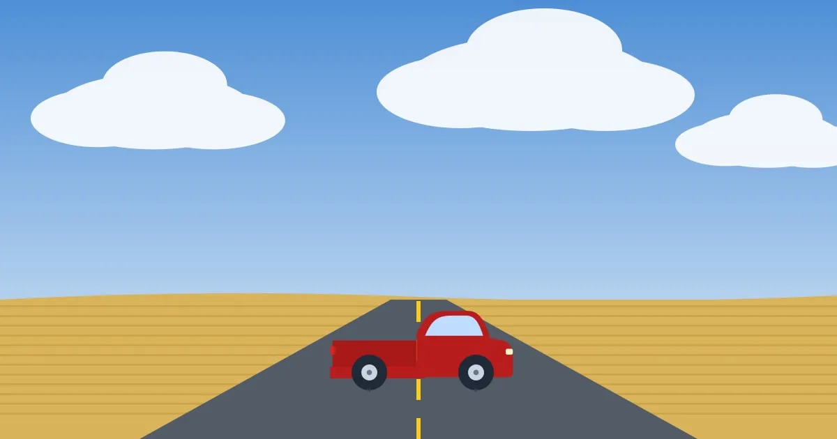 Illustration of a pickup truck on a straight highway through golden Kansas wheat fields under a huge sky