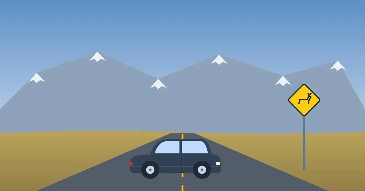 Illustration of an SUV on an empty highway through Montana ranchland toward snowy mountains, past a deer crossing sign