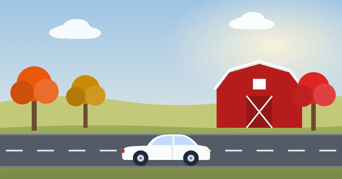 Illustration of a car on a rural road past a red barn and rolling farmland in autumn