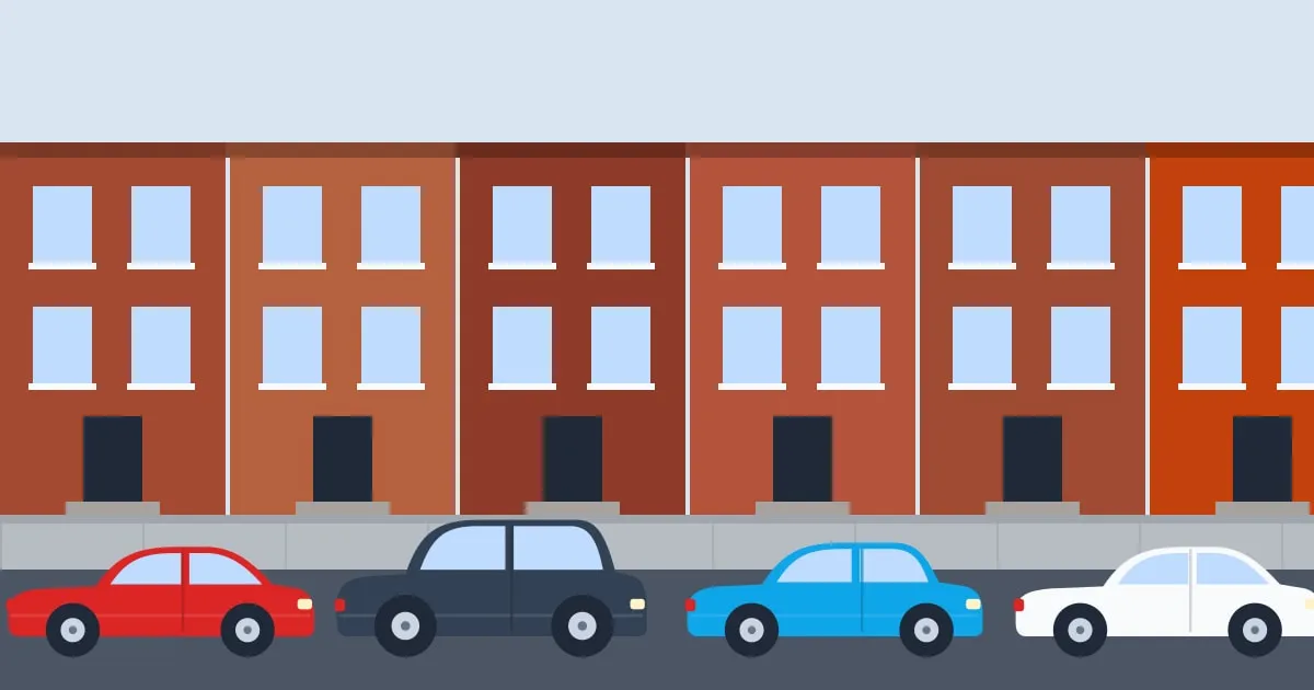 Illustration of cars parked bumper to bumper along a narrow street of historic brick rowhouses