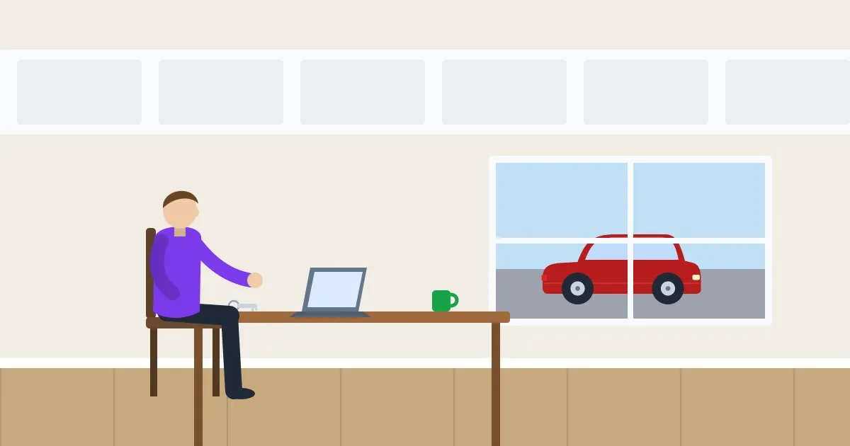 Illustration of a person comparing car insurance quotes on a laptop at a kitchen table, their car visible through the window