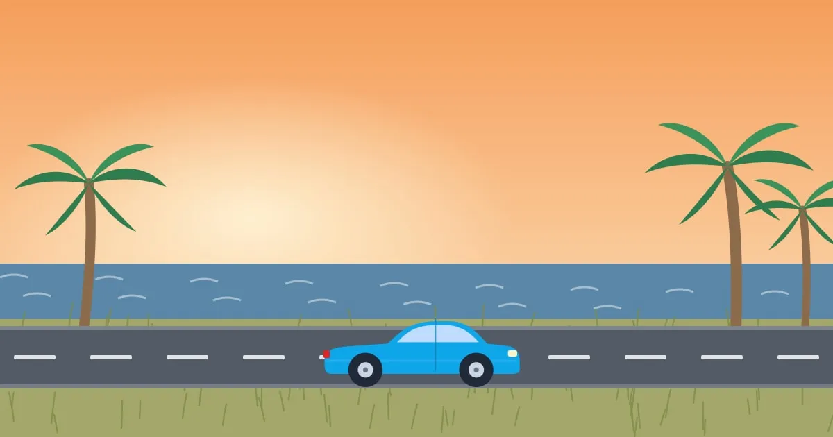 Illustration of a car on a coastal causeway past salt marsh grass and palmetto trees in warm evening light