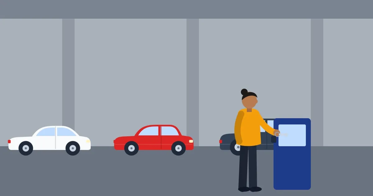 Illustration of a person collecting the keys to a rental car in a parking garage, rows of cars behind