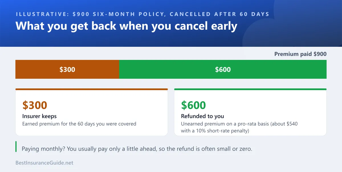 How a $900 six-month car insurance premium splits between the insurer and your refund when you cancel after 60 days
