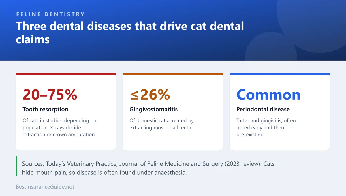 Three common feline dental diseases and how often they occur, from tooth resorption to chronic gingivostomatitis