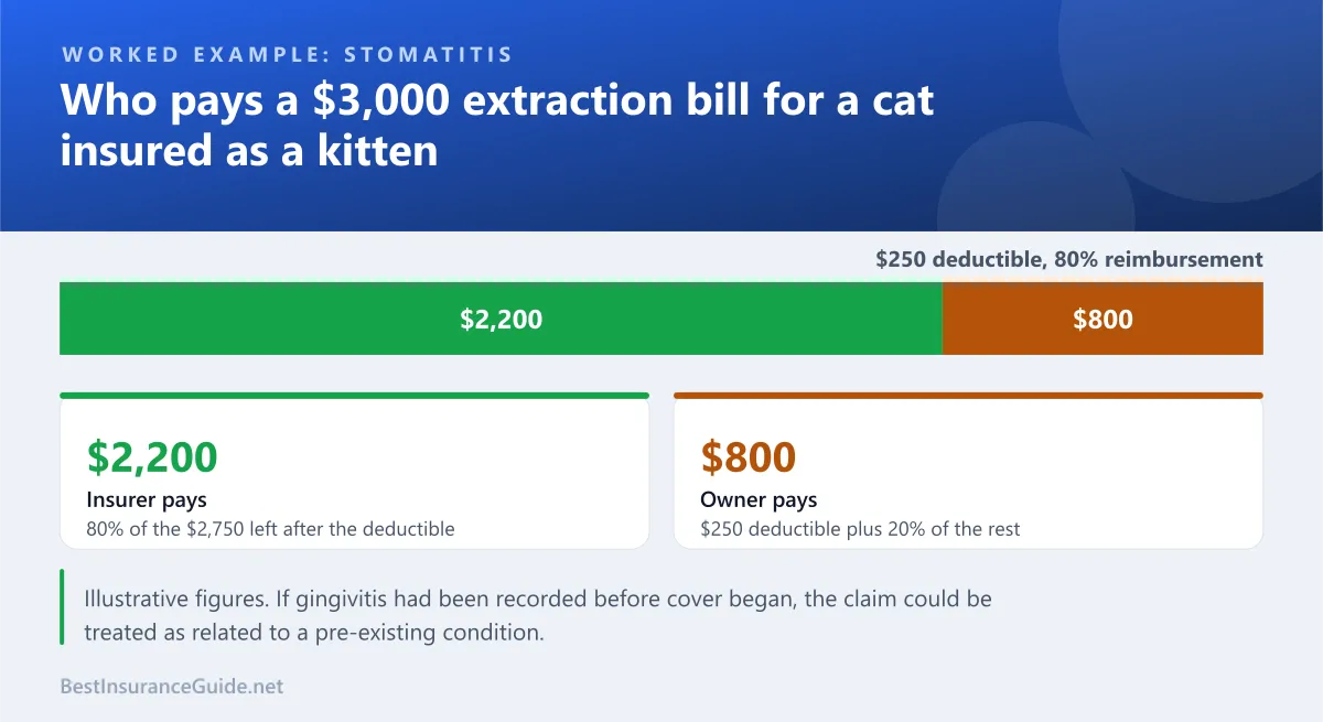 Split bar showing how an illustrative $3,000 stomatitis extraction bill is shared between insurer and owner with a $250 deductible and 80% reimbursement