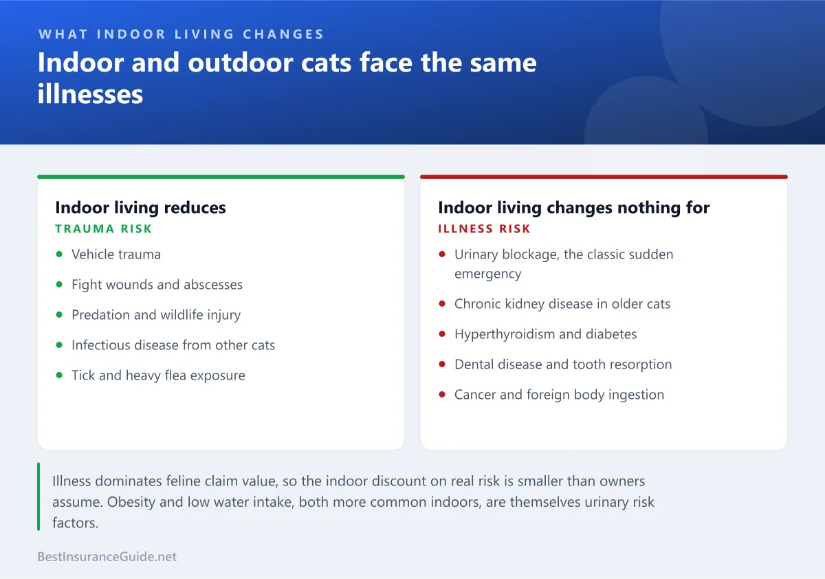 Comparison panel showing how indoor and outdoor cats differ on trauma risk while sharing the same illness risk