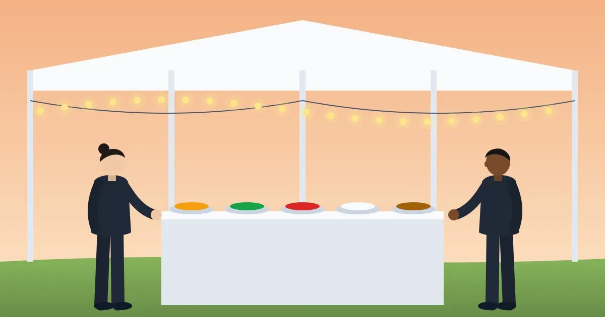 Illustration of caterers setting out food at an outdoor wedding buffet under a white tent with string lights