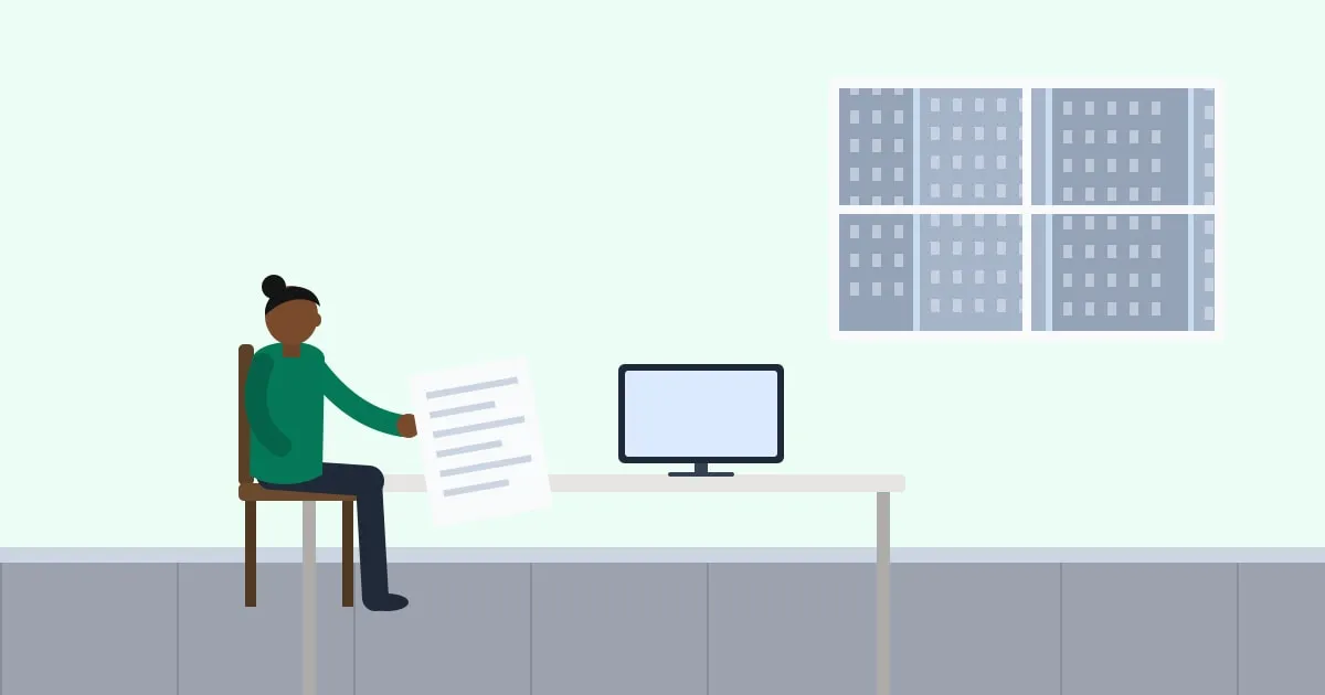 Illustration of a property manager reviewing an insurance certificate at her desk