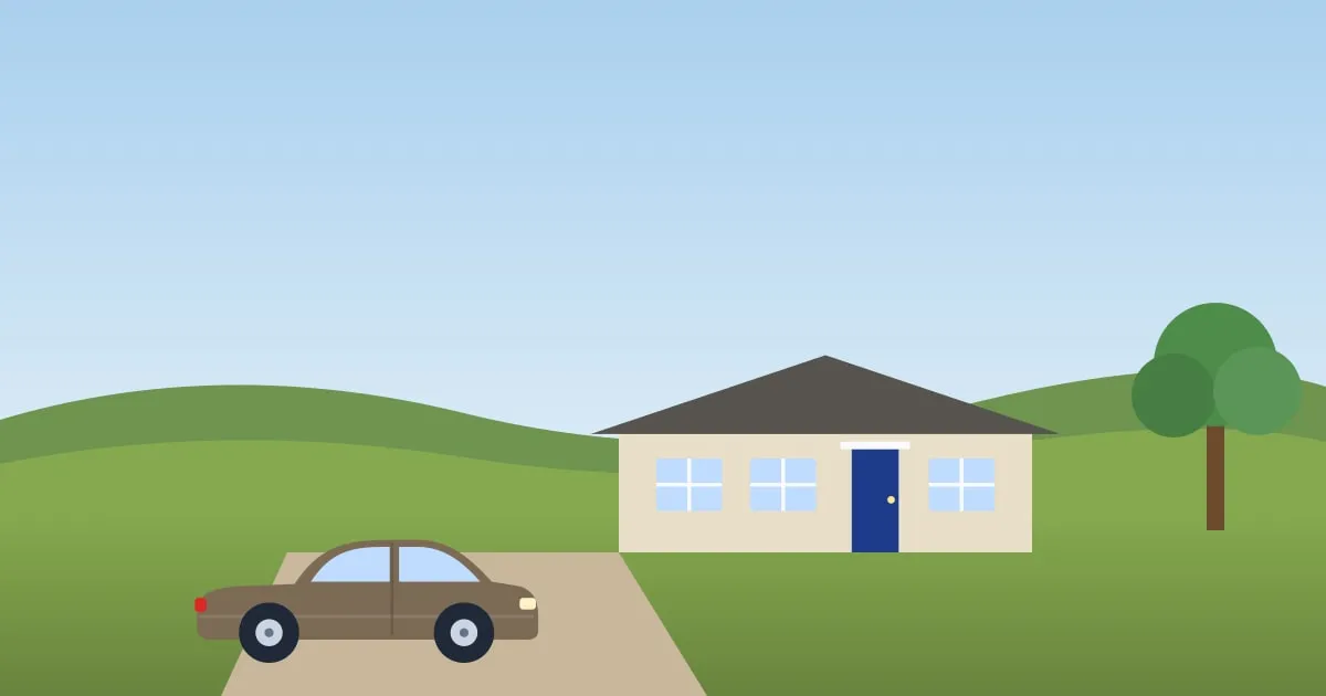 Illustration of an older sedan parked in front of a small house with a porch, Ozark hills in the distance
