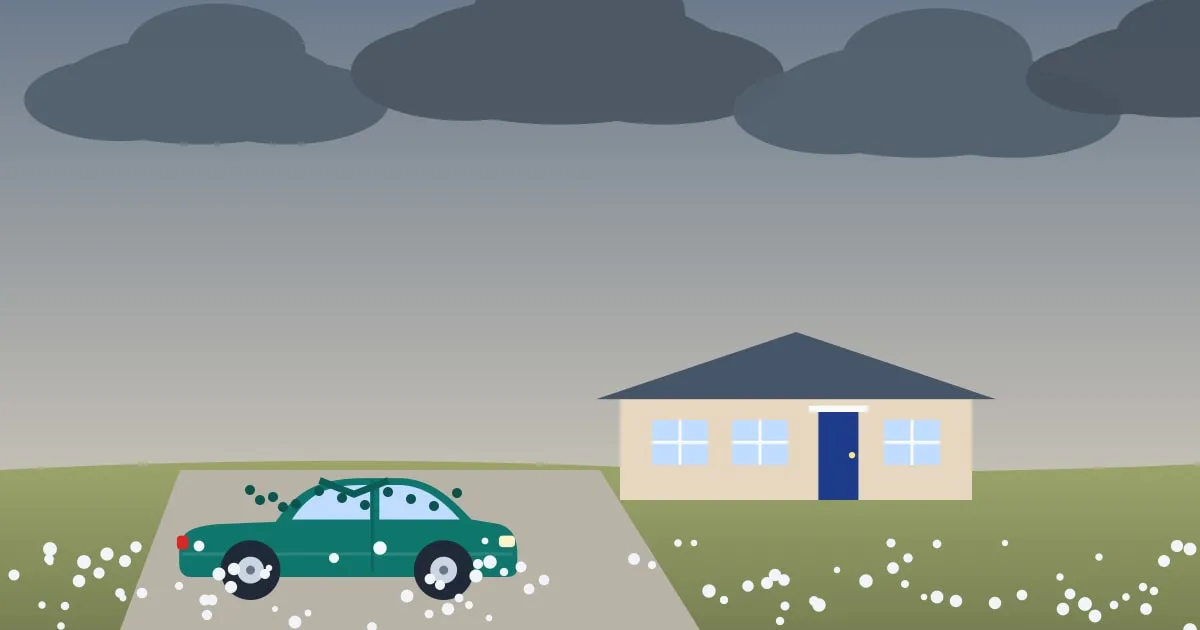 Illustration of a hail-dented car in a driveway after a prairie storm, hailstones on the ground as the clouds clear
